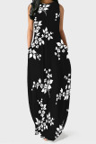 Black White Casual Print Pocket Patchwork O Neck Long Dresses