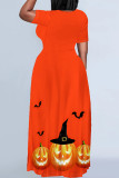 Tangerine Red Casual Print Basic O Neck Long Plus Size Dresses