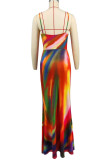 Red Sexy Print Patchwork Backless Ruched Spaghetti Strap Sling Dresses
