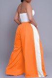 Pink Casual Draw String Pocket Patchwork Loose High Waist Wide Leg Patchwork Bottoms