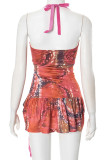 Rose Red Sexy Print Hollow Out Patchwork Backless Ruched Strap Design Halter Wrapped Skirt Dresses