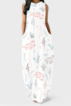 White Red Casual Floral Print Pocket O Neck Printed Dresses