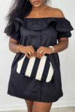 Pink Casual Solid Color Patchwork Off Shoulder One Step Skirt Short Sleeve Dress