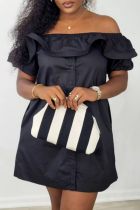 Black Casual Solid Color Patchwork Off Shoulder One Step Skirt Short Sleeve Dress