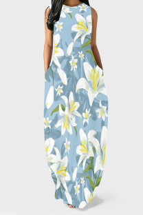 Blue White Casual Floral Print Pocket O Neck Printed Dresses