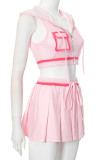 Pink Sexy Solid Color Draw String Pocket Patchwork Zipper Solid Color Zipper Collar Sleeveless Two Pieces