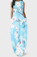 Sky Blue Casual Print Pocket Patchwork O Neck Long Dresses