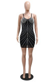 Black Sexy Party Hot Club Patchwork Hot Drilling Backless Spaghetti Strap Wrapped Skirt Dresses