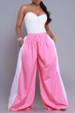 Pink Casual Draw String Pocket Patchwork Loose High Waist Wide Leg Patchwork Bottoms
