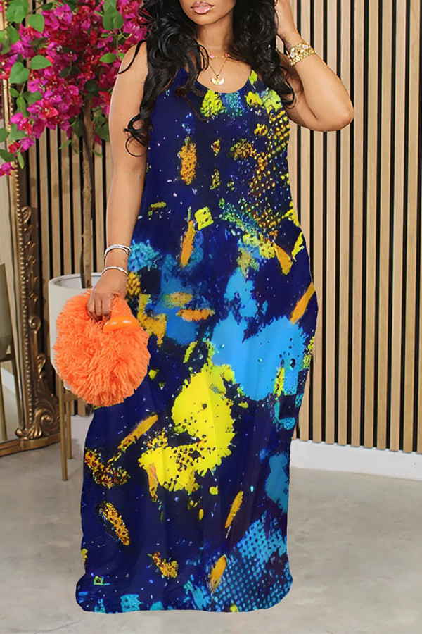 Tibetan Blue Sexy Gradient Print Contrast U Neck Printed Dresses