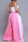 Pink Casual Draw String Pocket Patchwork Loose High Waist Wide Leg Patchwork Bottoms