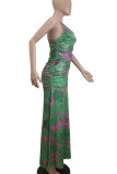 Green Elegant Print Patchwork Backless Strap Design Spaghetti Strap Sling Dresses