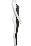 Black Casual Print Patchwork O Neck Skinny Jumpsuits
