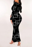 Snake Print Casual Geometric Print Snakeskin Print Contrast O Neck One Step Skirt Dresses