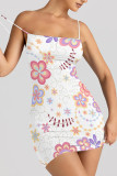Baby Blue Sexy Flowers Print Contrast Printed Dresses