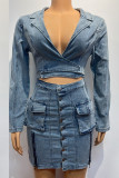 Blue Street Solid Color Pocket Buckle Patchwork Slit Turndown Collar Long Sleeve Two Pieces