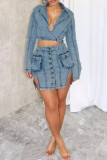 Blue Street Solid Color Pocket Buckle Patchwork Slit Turndown Collar Long Sleeve Two Pieces
