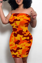 Orange Sexy Camouflage Print Contrast Strapless Printed Dresses