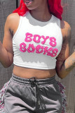 White Sexy Letters Patchwork O Neck Tops