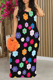 Black Sexy Floral Print Contrast V Neck Printed Dresses