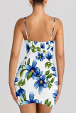 Baby Blue Sexy Flowers Print Contrast Printed Dresses