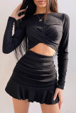 Black Sexy Solid Color Patchwork Ruched O Neck Long Sleeve Two Pieces