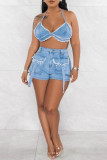 Blue Sexy Solid Color Pocket Buttons Patchwork Backless Zipper Halter Sleeveless Two Pieces