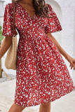 Red Elegant Print Patchwork V Neck A Line Dresses