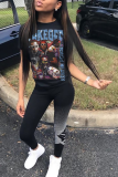 Black Casual Street Figure Print Letter Print O Neck T-Shirts