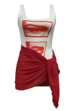 White Red Sexy Print Patchwork Backless Strap Design U Neck Sleeveless Two Pieces