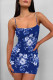 Dark Blue Sexy Flowers Print Contrast Printed Dresses