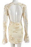 Apricot Elegant Flowers Patchwork Backless O Neck Wrapped Skirt Dresses