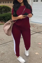 Burgundy Casual Patchwork Contrast O Neck Plus Size Two Pieces