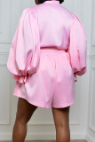Pink Casual Solid Color Buckle Patchwork Ruched Button Collar Long Sleeve Two Pieces