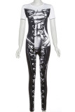 Black Casual Print Patchwork O Neck Skinny Jumpsuits