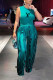 Green Casual Letter Print Fringed Trim O Neck Sleeveless Two Pieces
