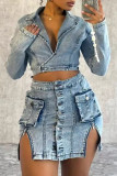 Blue Street Solid Color Pocket Buckle Patchwork Slit Turndown Collar Long Sleeve Two Pieces