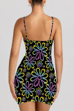 Baby Blue Sexy Flowers Print Contrast Printed Dresses