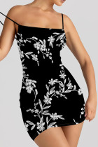Black White Sexy Print Patchwork Backless Spaghetti Strap Sling Dresses
