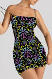 Baby Blue Sexy Flowers Print Contrast Printed Dresses