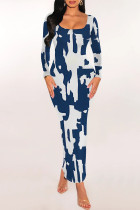 Blue White Casual Geometric Print Snakeskin Print Contrast O Neck One Step Skirt Dresses