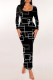 Black Casual Geometric Print Snakeskin Print Contrast O Neck One Step Skirt Dresses