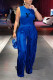 Blue Casual Letter Print Fringed Trim O Neck Sleeveless Two Pieces