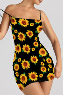 Black Yellow Sexy Print Patchwork Backless Spaghetti Strap Sling Dresses