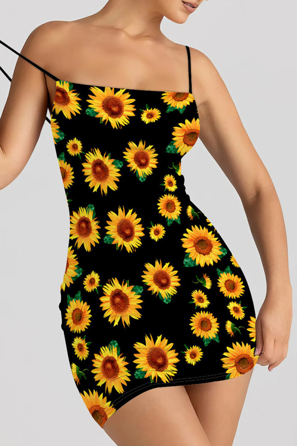 Black Yellow Sexy Print Patchwork Backless Spaghetti Strap Sling Dresses