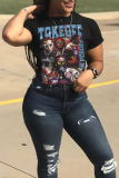 Black Casual Street Figure Print Letter Print O Neck T-Shirts