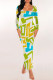 Light Green Casual Geometric Print Snakeskin Print Contrast O Neck One Step Skirt Dresses