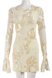 Apricot Elegant Flowers Patchwork Backless O Neck Wrapped Skirt Dresses