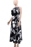 Black Elegant Print Patchwork O Neck Long Dresses