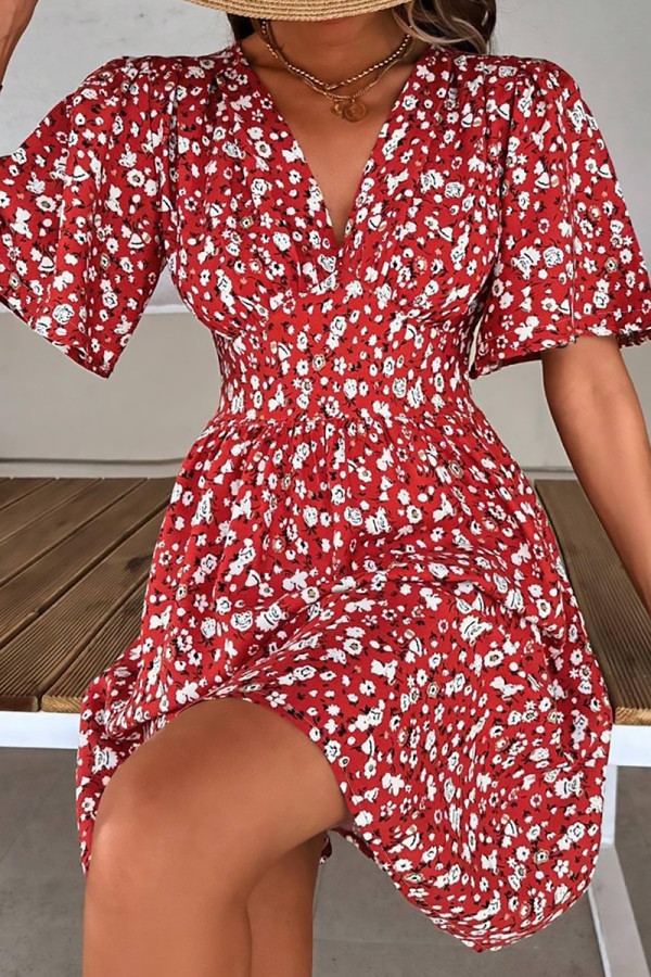 Red Elegant Print Patchwork V Neck A Line Dresses